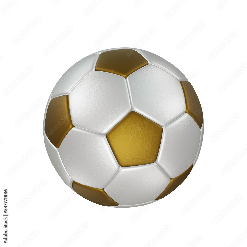 Realistic classic soccer ball in white and gold color. Isolated on a transparent background. PNG. 3d render Realistic classic soccer ball in white and gold color. Isolated on a transparent background. PNG. 3d render