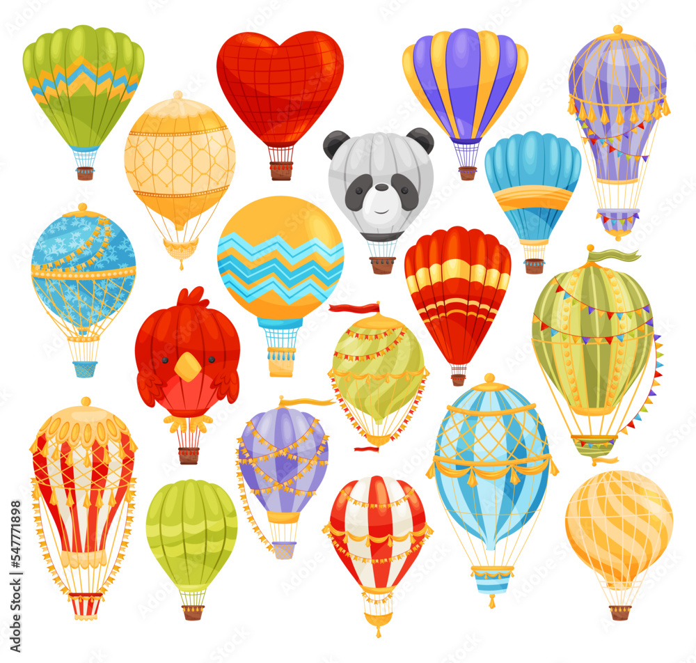 Hot air balloons set. Colorful flying balloons with different patterns cartoon vector