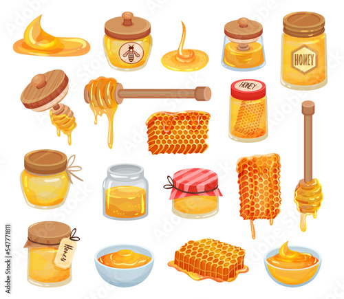 Honey and bee products set. Glass jars of honey, honeycomb, wooden dipper cartoon vector
