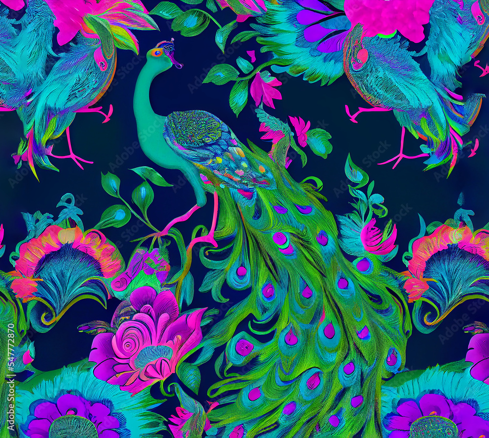 Chinoiserie peacock pattern, colorful bright and fun pattern
