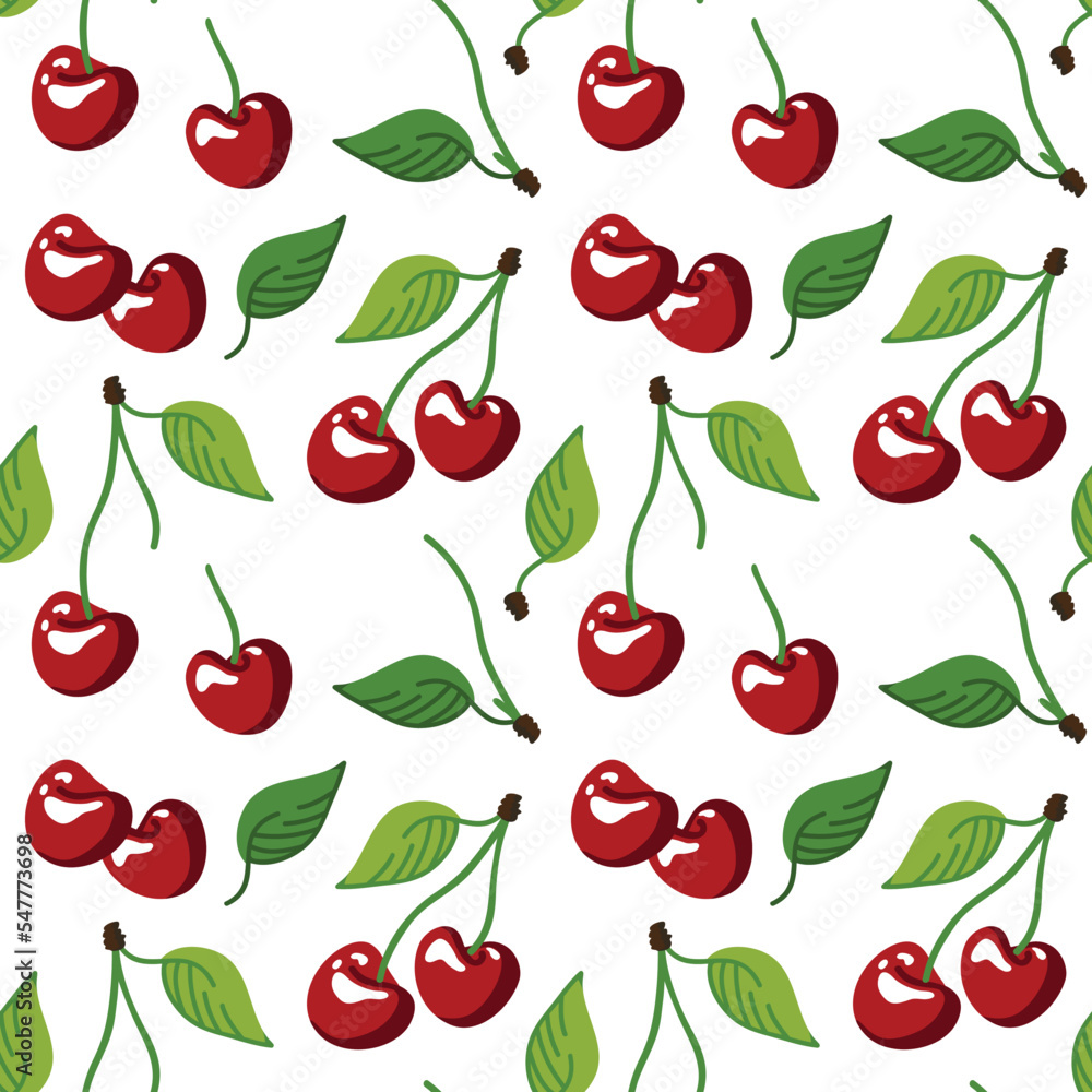 Seamless pattern with cherries on a branch with leaves for printing on textiles. Botanical illustration of juicy wholesome berry in cartoon style. Ingredient for delicious desserts and vitamin drinks. Seamless pattern with cherries on a branch with leaves for printing on textiles. Botanical illustration of juicy wholesome berry in cartoon style. Ingredient for delicious desserts and vitamin drinks.