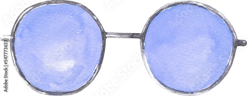 Watercolor blue TRANSPARENT hippie round sunglasses,glasses illustration. Hipster funny clothes accessories, character creator decor fashion element isolated. Cute drawing clipart element cutout  photo