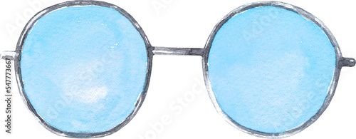 Watercolor blue TRANSPARENT hippie round sunglasses,glasses illustration. Hipster funny clothes accessories, character creator decor fashion element isolated. Cute drawing clipart element cutout  photo
