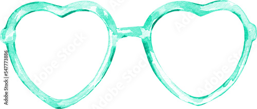 Watercolor turquoise heart shaped glasses illustration. Hipster funny clothes accessories, character creator decor fashion element isolated. Cute drawing clipart element cutout for man, woman 