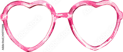 Watercolor pink heart shaped glasses illustration. Hipster funny clothes accessories, character creator decor fashion element isolated. Cute drawing clipart element cutout for man, woman	
