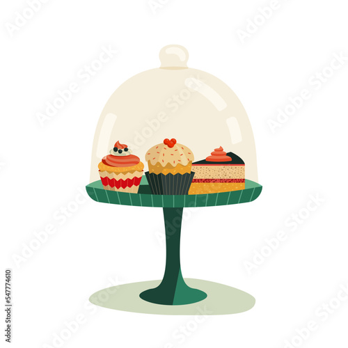 Cupcake stand with sweet treats fancy vector icon. Bakery shop stand for accessory, serving storage cupcake, muffin, cake slice. Flat design element illustration. Restaurant party, bakery menu decor
