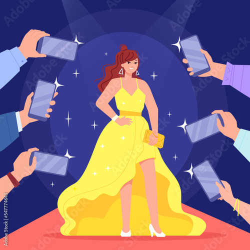 Famous woman in camera smartphones. Celebrity model or success actress on carpet catwalk posing for phone photographers, smile diva girl at journalist interview vector illustration