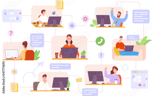 Interactive office community. Teamwork creative communication on collaborative project, colleague work in comfort workplace, display agile kanban scrum workflow vector illustration