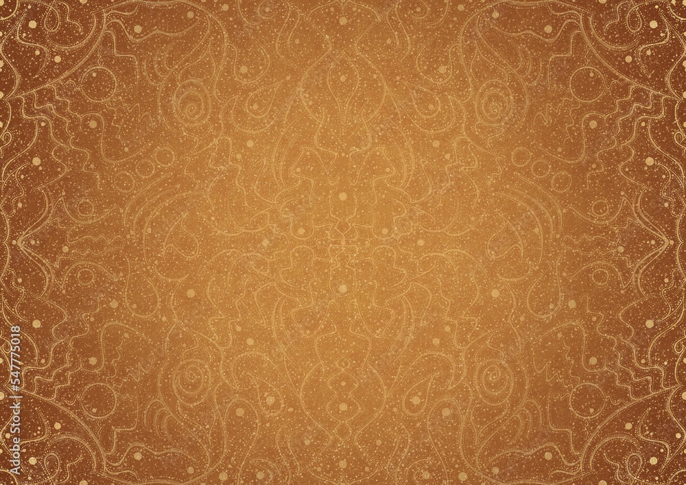 Hand-drawn unique abstract ornament. Golden splatters and light yellow on a darker yellow background and vignette in golden glitter on a darker background color. Paper texture. A4. (pattern: p07-2a) Hand-drawn unique abstract ornament. Golden splatters and light yellow on a darker yellow background and vignette in golden glitter on a darker background color. Paper texture. A4. (pattern: p07-2a)