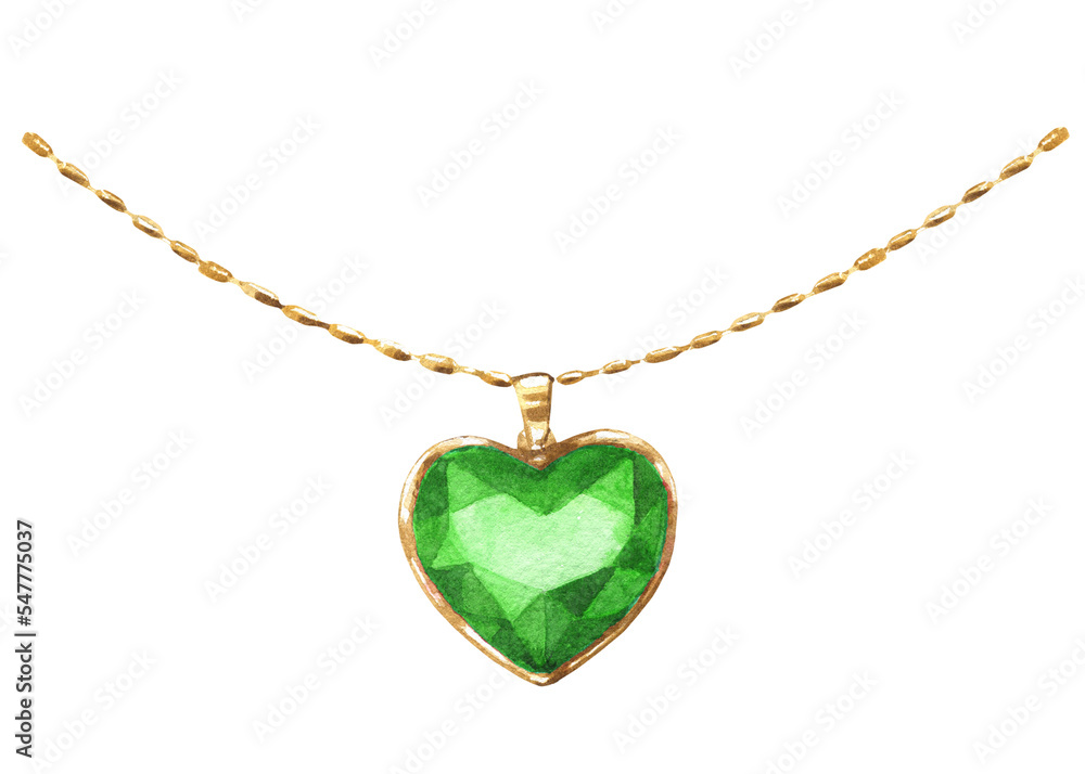 Watercolor green heart shaped ruby pendant, necklace illustration. Hipster woman clothes accessories,character creator decor fashion element isolated. Cute drawing clipart element cutout for woman Watercolor green heart shaped ruby pendant, necklace illustration. Hipster woman clothes accessories,character creator decor fashion element isolated. Cute drawing clipart element cutout for woman