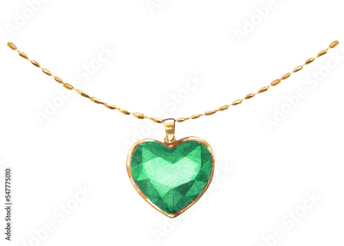 Watercolor emerald heart shaped ruby pendant, necklace illustration. Hipster woman clothes accessories,character creator decor fashion element isolated. Cute drawing clipart element cutout for woman