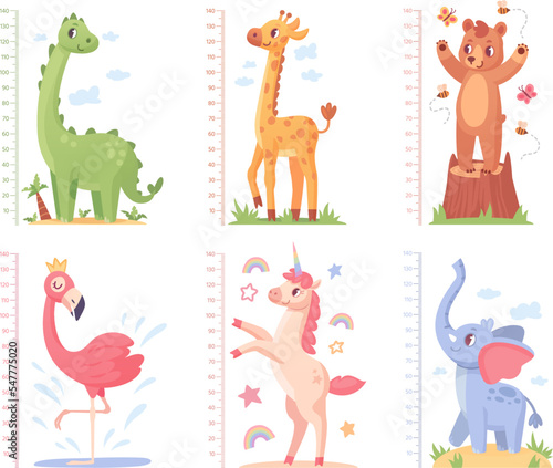 Animal growth rulers. Baby kid height measure short or tall meter kindergarten wall, funny animals centimeter size ruler chart child grow measurement, ingenious vector illustration