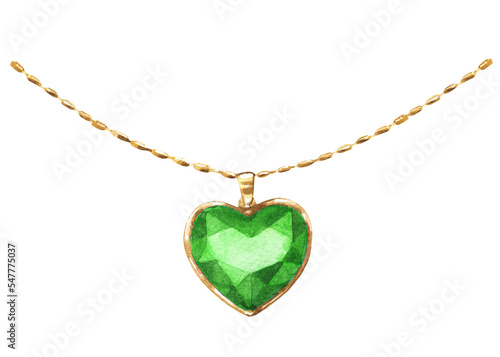 Watercolor green heart shaped ruby pendant, necklace illustration. Hipster woman clothes accessories,character creator decor fashion element isolated. Cute drawing clipart element cutout for woman