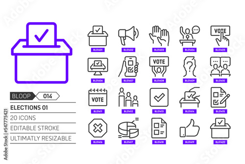 Elections 01 related, pixel perfect, editable stroke, up scalable, line, vector bloop icon set.