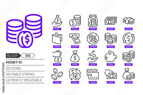 Money 01 related, pixel perfect, editable stroke, up scalable, line, vector bloop icon set.