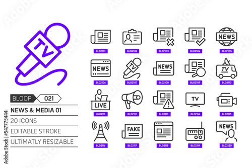 News and media 01 related, pixel perfect, editable stroke, up scalable, line, vector bloop icon set.