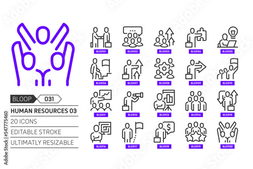 Human resources 03 related, pixel perfect, editable stroke, up scalable, line, vector bloop icon set.