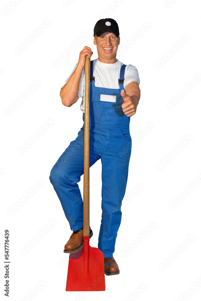 Craftsman series: Workman holding a shovel and giving a thumbs up to indicate that work is done. Craftsman series: Workman holding a shovel and giving a thumbs up to indicate that work is done.