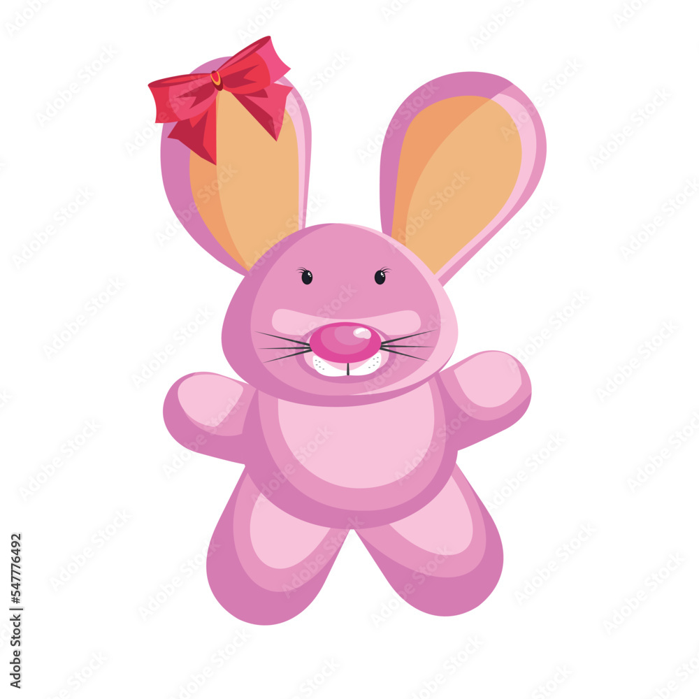 Pink rabbit with a red bow. Color illustration of an animal on a white background. Vector.
