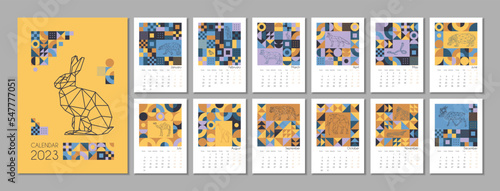 Calendar template 2023. Geometric calendar design with Bauhaus patterns and polygonal animals. Set of 12 months of the year 2023. Corporate and business calendar template. Stock vector illustration.