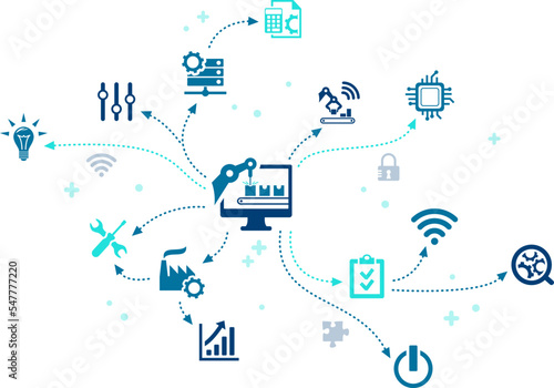 Process automation vector illustration. Concept with connected icons related to optimization of manufacturing or production processes, automated industrial machines, operation management.