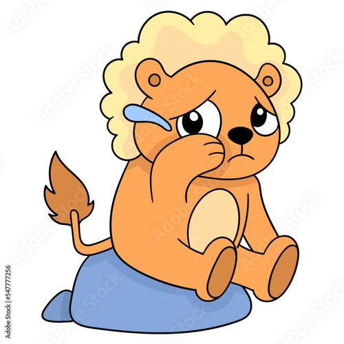 Vector illustration of a cute baby lion with brown fur sitting on a rock and crying