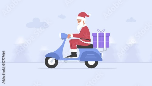 Christmas delivery animation. Santa Claus delivering gift with a scooter motorbike