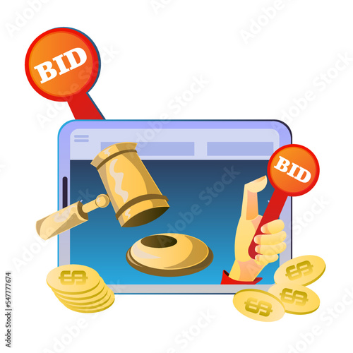 bids and redemption of items at an online auction via a tablet