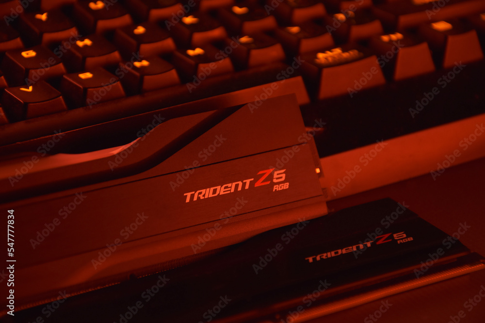 G.Skill ddr5 trident z5 rgb desktop memory pack on backlit keyboard