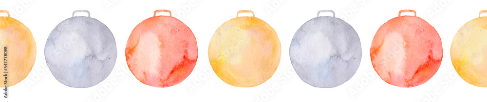 Christmas collection of balls for a Christmas tree. Decoration for the holiday in watercolor. Handmade illustration. Drawing paints.