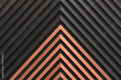 A wooden lamella wall in the color of natural and burnt wood with a pattern of wall panels in the background