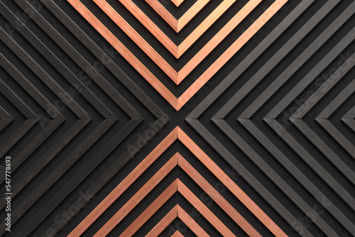 A wooden lamella wall in the color of natural and burnt wood with a pattern of wall panels in the background