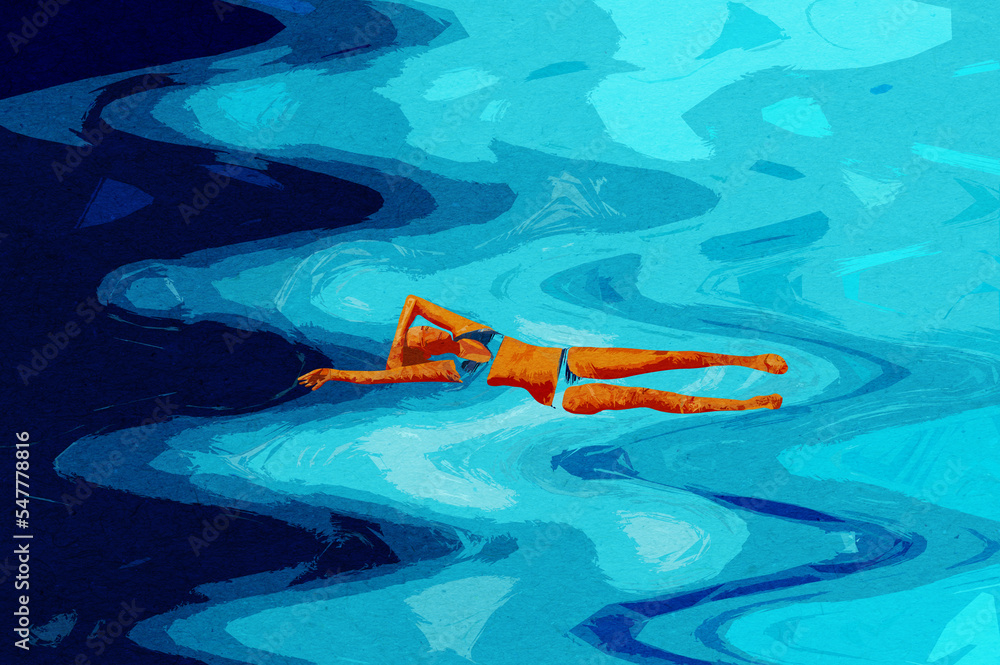 Sylwetka młoda kobieta w stroju kąpielowym pływająca na placach w oceanie. Perspektywa z góry. - obrazy, fototapety, plakaty 