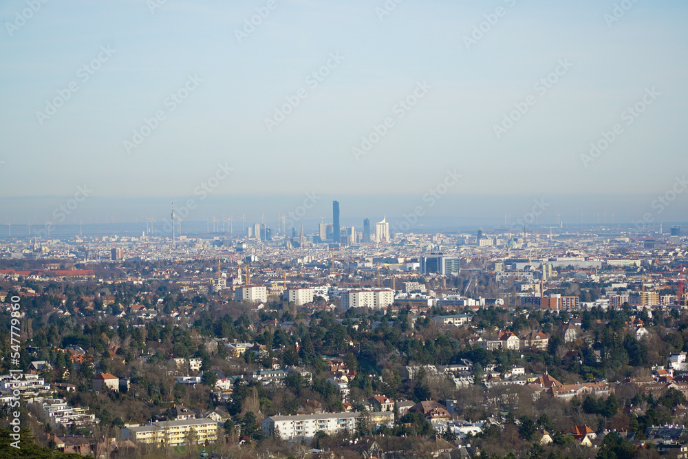 Panoramic view to vienna, capitol city of austria. wide aerial view. space for copy text