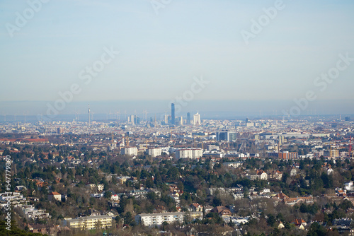 Panoramic view to vienna, capitol city of austria. wide aerial view. space for copy text