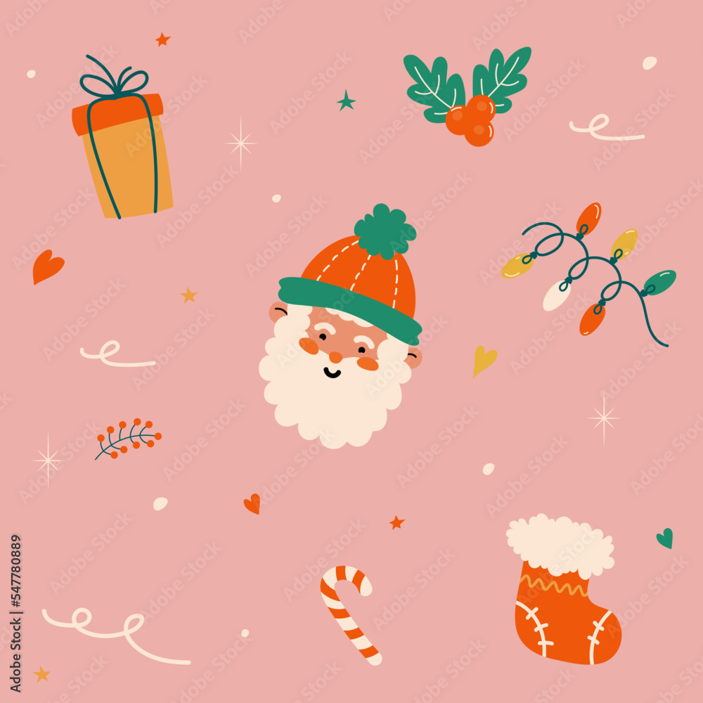 Obraz premium Retro stickers for Christmas and winter holidays with Santa Claus and cute elements, vector illustration