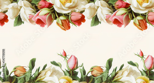 Seamless floral border or frame with elegant flowers on white background for wedding invitation, poster, greeting cards, headers, banner with place for text.  Seamless repeat pattern. 