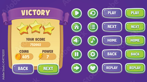Vector game ui kit. complete set of victory menu scene pop up, icons, and buttons with editable text