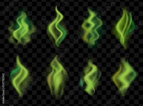 Vector realistic illustration collection of stinky toxic trail vapour, chemicals smoke, green magic smoke. Toxic steam or odour. Disgusting gas and breath isolated design elements.
