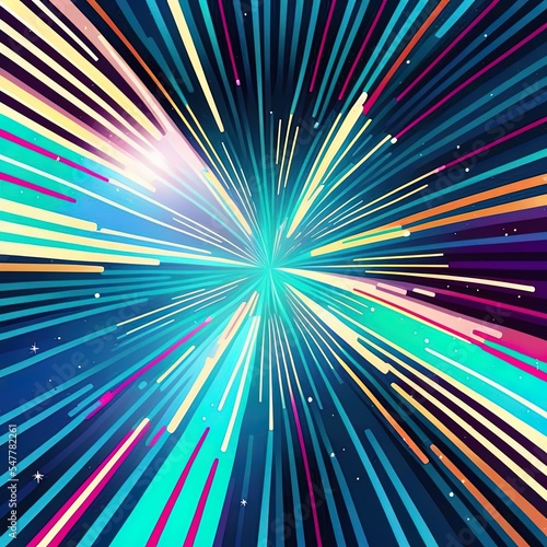 Speed lines, zoom in motion effect, light color trails, manga movement frame concept. Speed of light, stars in motion, radial overlay 2d illustrated backdrop.