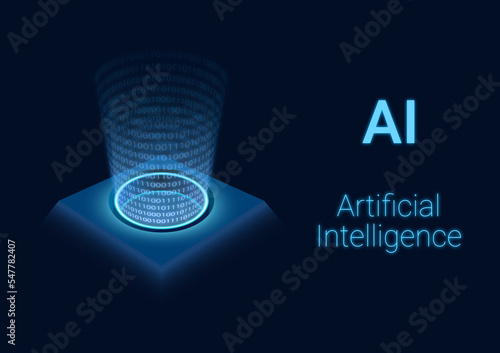 Abstract illustration of artificial intelligence showing a hologram on a dark blue background. The hologram contains a square base and a three-dimensional light image made of digits: zero and one.