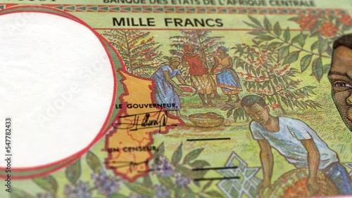 Central African Republic Central African CFA Franc 1000 Banknotes, ThousandCentral African CFA Franc, Close-up and macro view of the Central African CFA Franc, Tracking and Dolly Shots 1000 Central photo