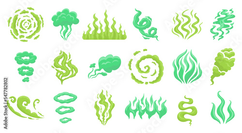 Flat vector illustration collection of stinky clouds, toxic trail vapour, chemicals smoke. Funny toxic cartoon clouds set. Various shape vector design elements isolated on white.