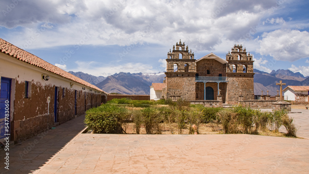 Closer Tiobamba garden and temple jesuit church, Maras, Cusco, Peru