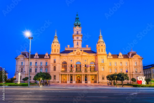 Gyor, Hungary. View of the town hall at night.