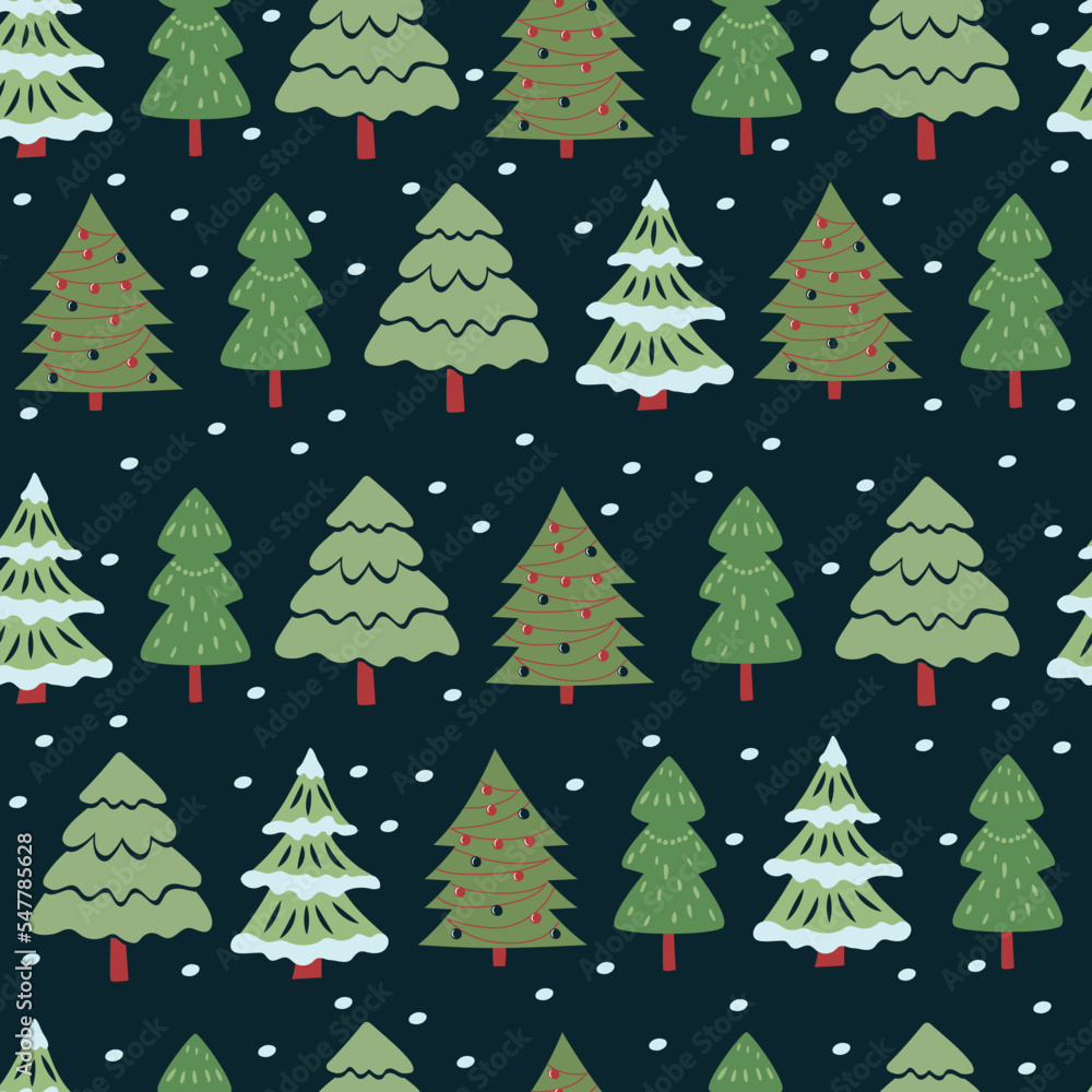 Festive seamless pattern, Christmas trees on a dark background