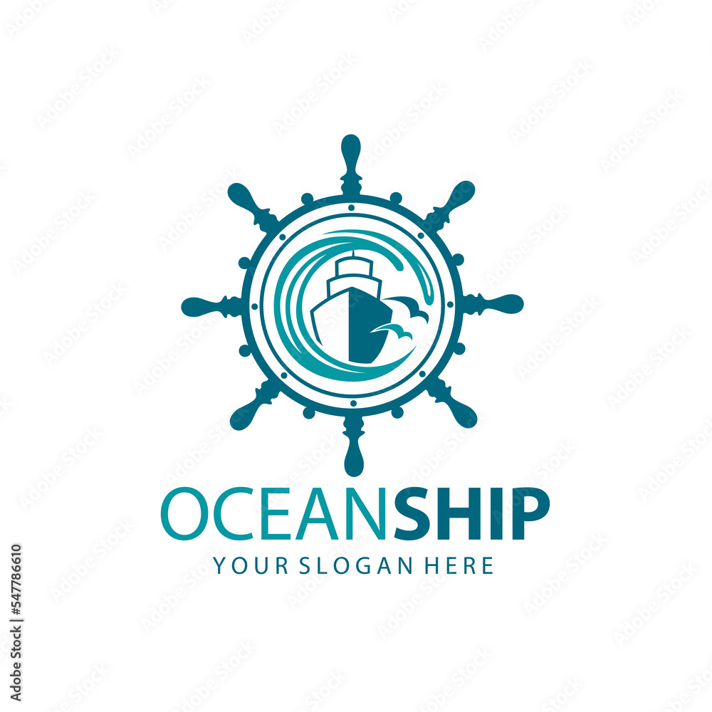icon of ship, handwheel and ocean waves with seagulls isolated on white background icon of ship, handwheel and ocean waves with seagulls isolated on white background