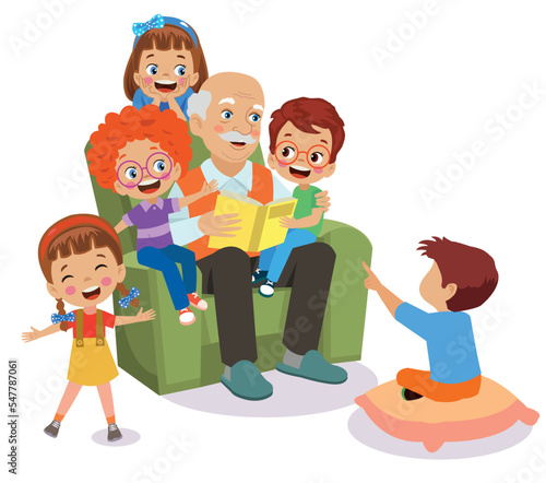 grandpa reading to cute kids