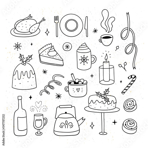 Christmas dinner food doodle set. Vector Christmas clipart. Cute winter holidays illustrations