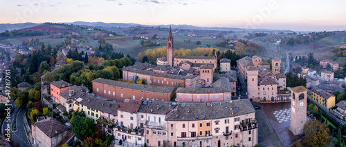 Panoramic view at sunrise of Castelvetro di Modena medieval village in Emilia Romagna Region, Italy.